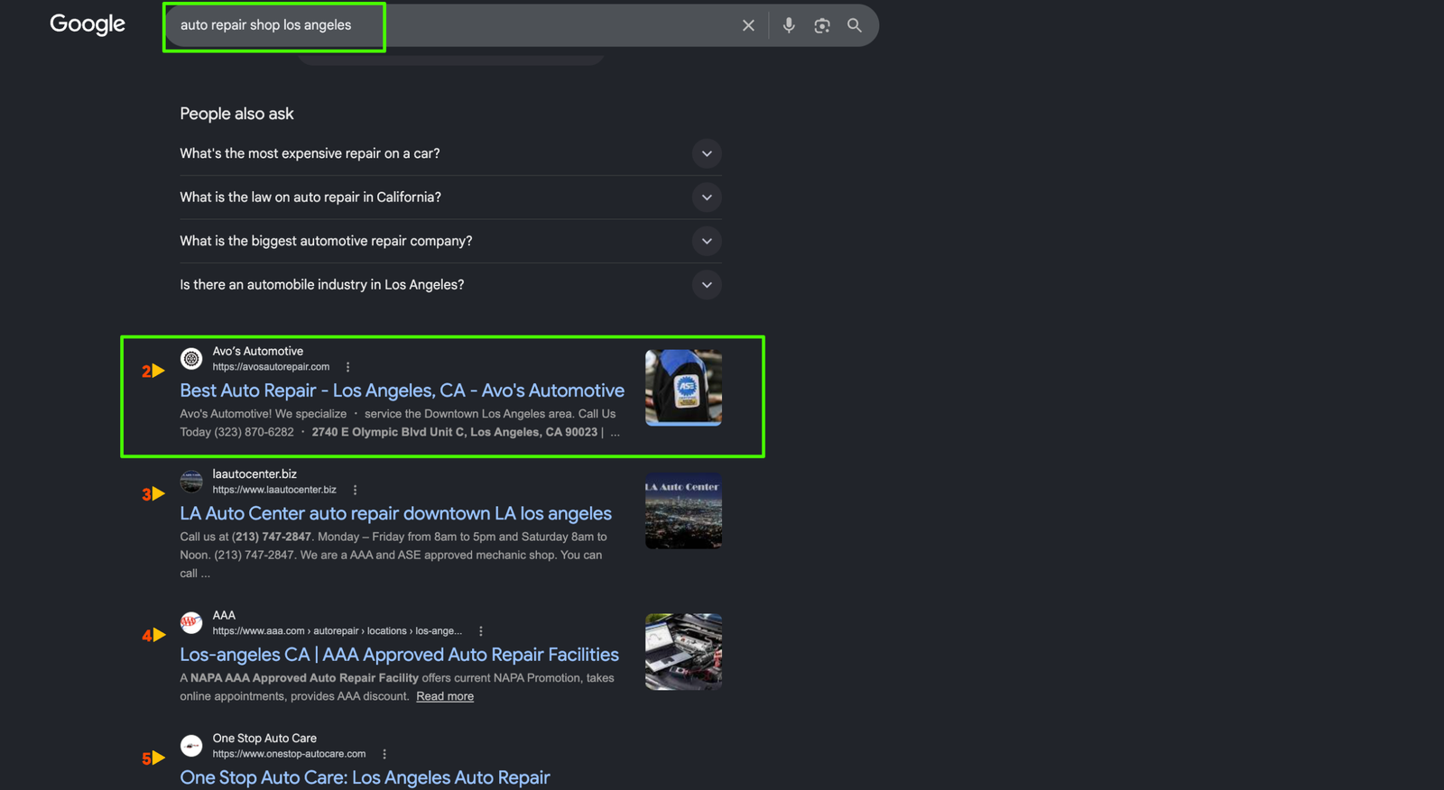 Google search result showing a client ranking at the top for "Avo&rsquo;s Automotive"