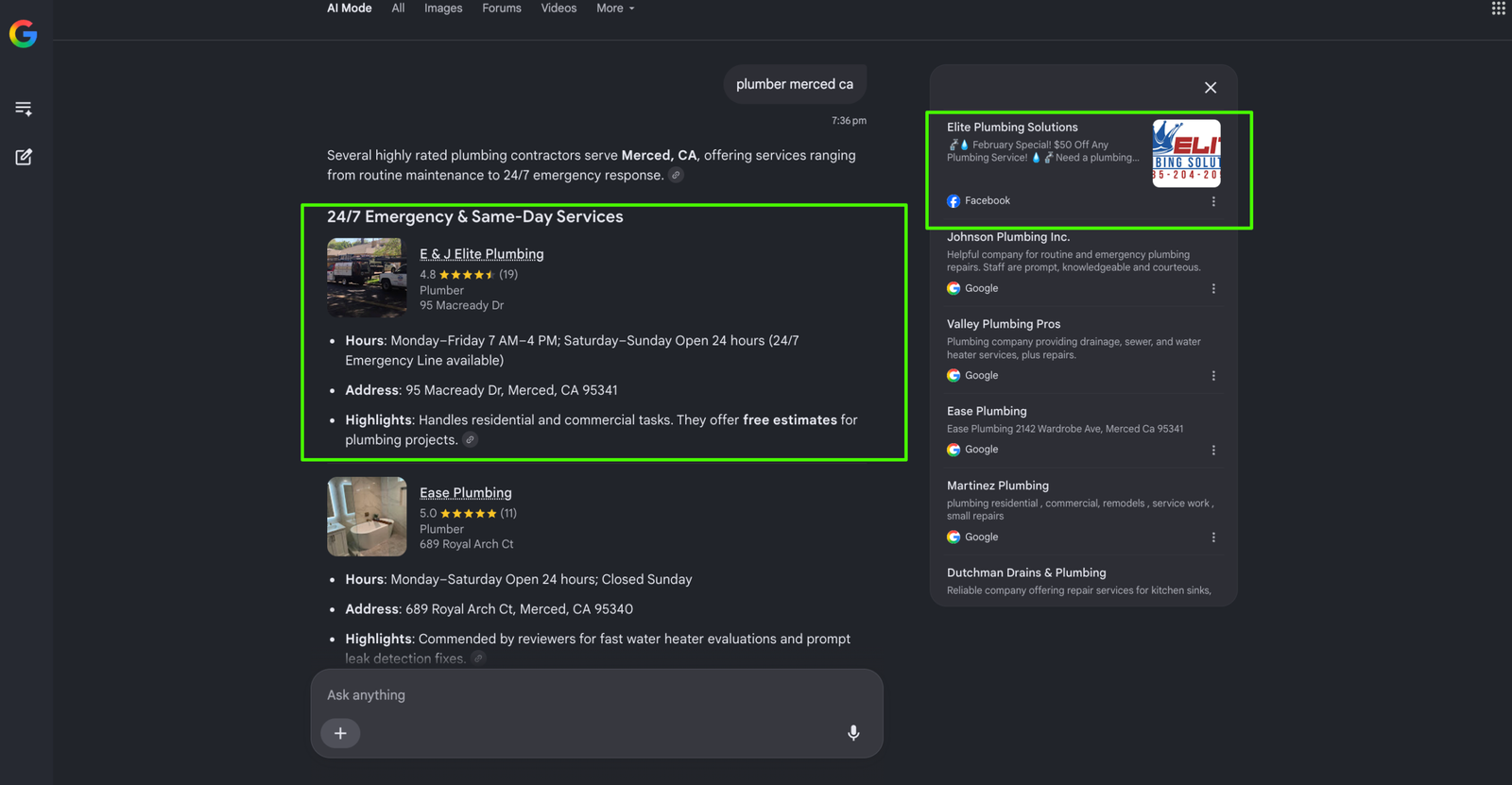 Google AI Mode - EJ recommending a Growth Partners client