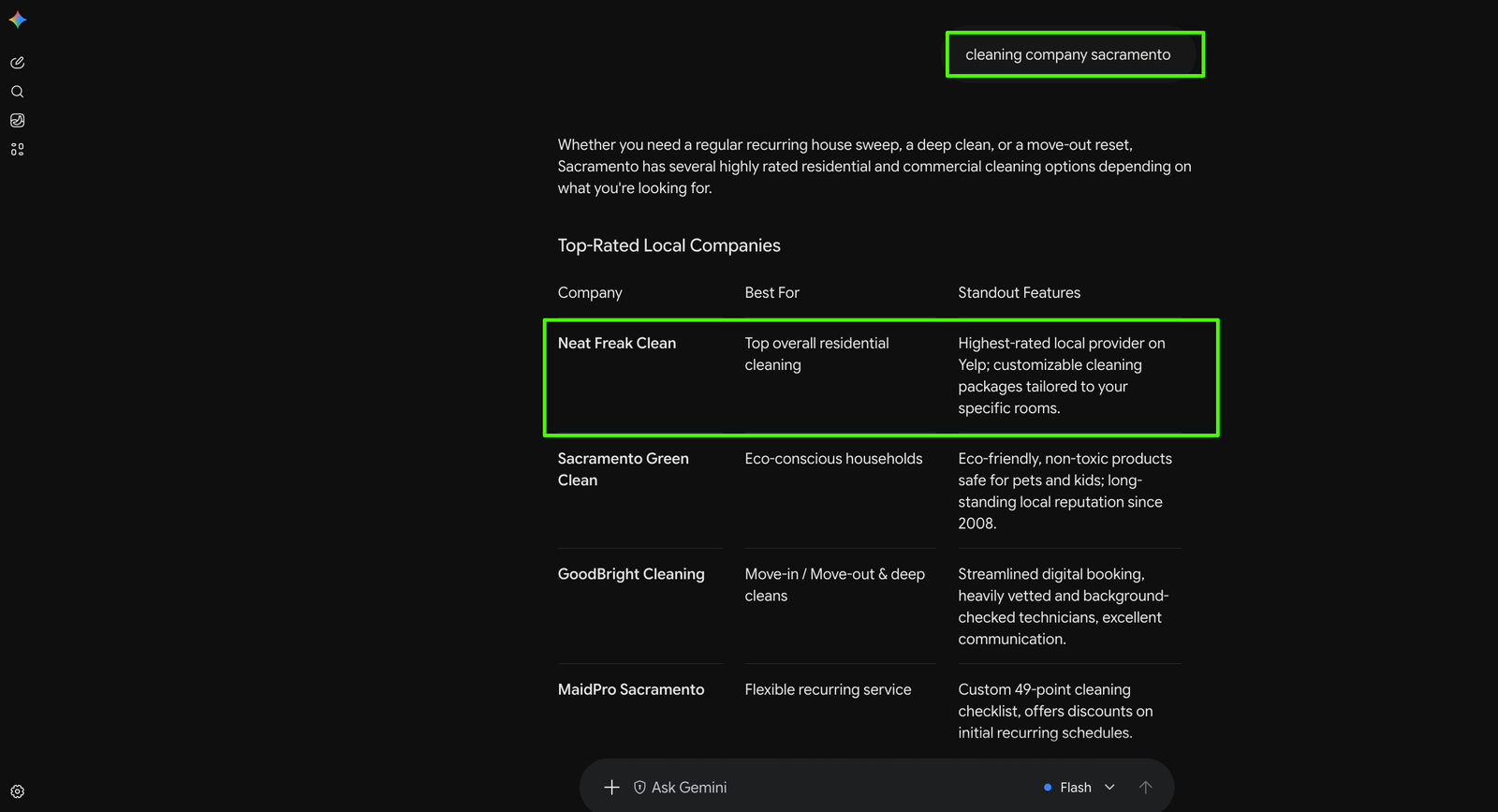 Google Gemini - Neat Freak recommending a Growth Partners client